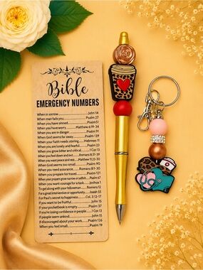 Gold Nurse-Themed Ballpoint Pen with Pink & Brown Beaded Keychain